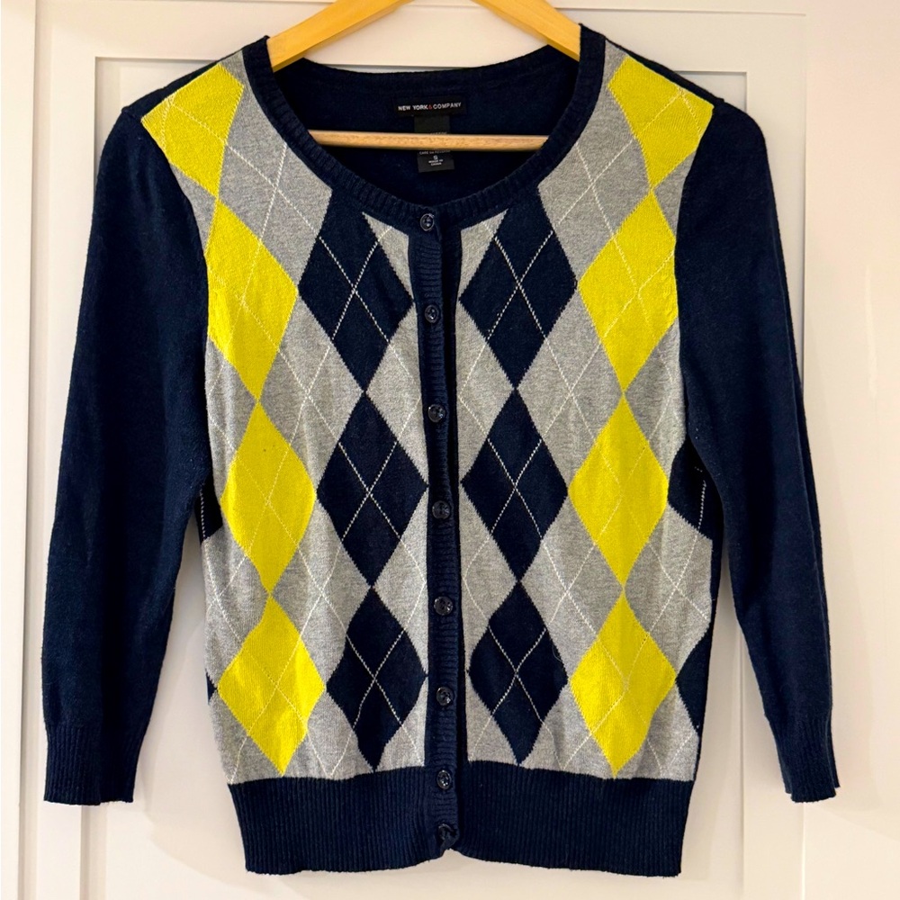 New York & Company Women's Argyle Sweater - Navy, Yellow, Gray Size S